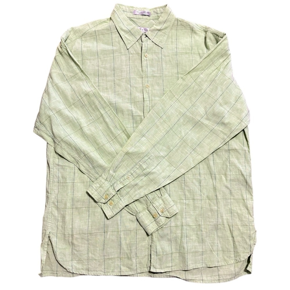 Geoffrey Beene Mens Large Linen Button Up Green Checkered Long Sleeve NWOT - Picture 2 of 9